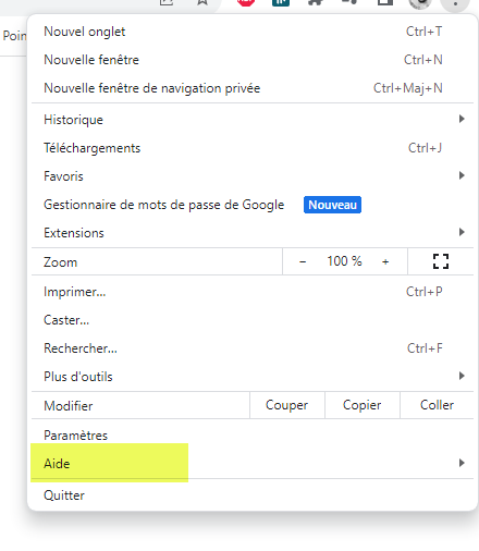 Le menu de Google Chrome avec l'option Aide