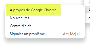 Le sous-menu Aide avec l'option « À propos de Google Chrome »