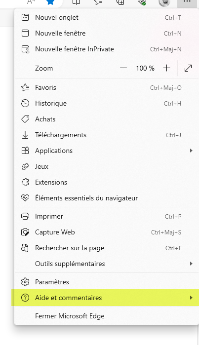Le menu de Microsoft Edge avec l'option Aide et commentaires