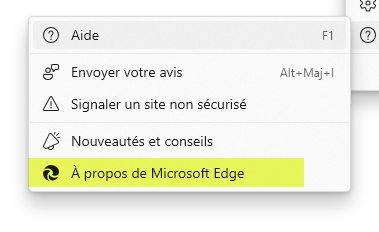 Le sous-menu Aide avec l'option « À propos de Microsoft Edge »