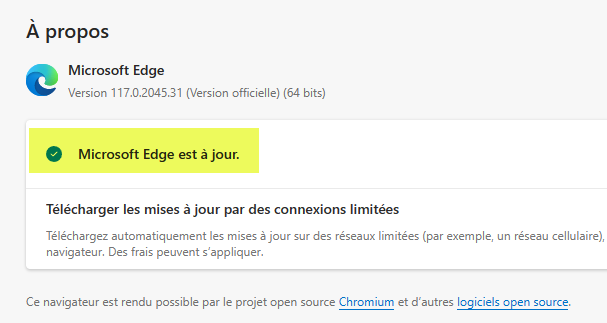La page « À propos » de Microsoft Edge indiquant qu'il est à jour
