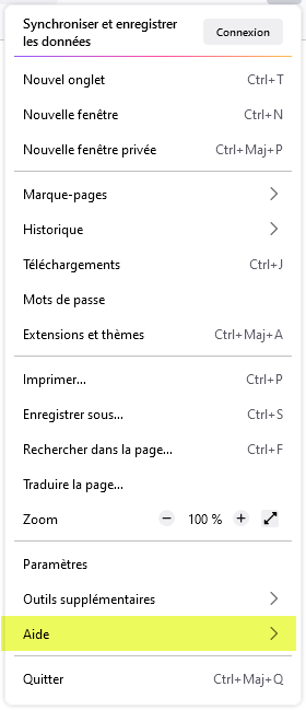 Le menu de Firefox avec l'option Aide