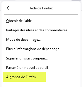 Le sous-menu Aide avec l'option « À propos de Firefox »