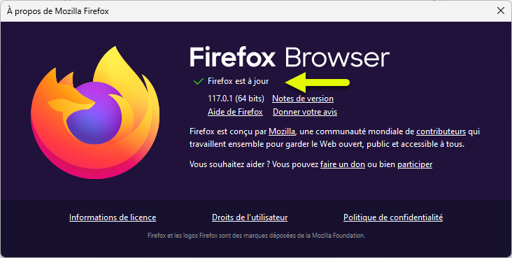 La fenêtre « À propos de Mozilla Firefox » indiquant que Firefox est à jour