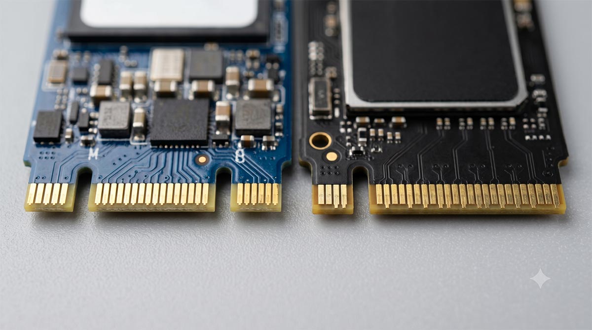 Comparaison des encoches d'une barrette M.2 SATA et d'une barrette M.2 NVMe