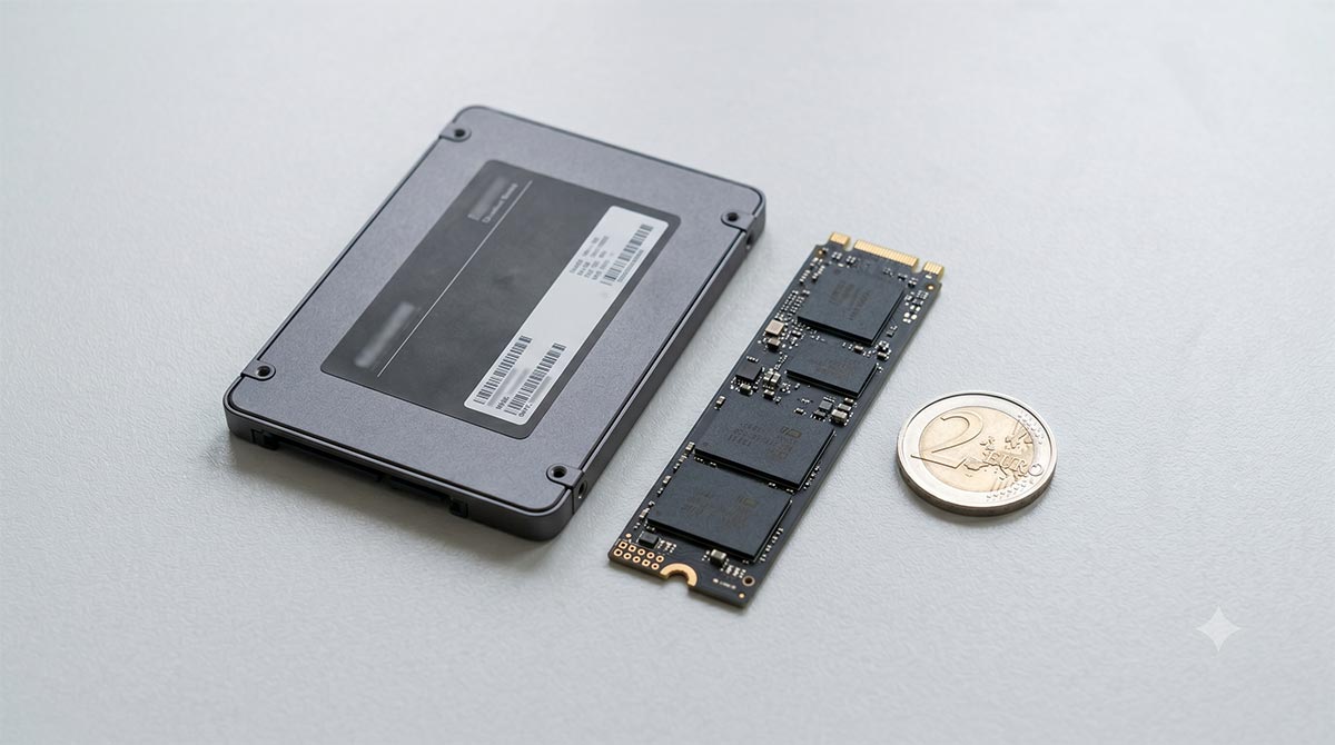 Un SSD 2,5 pouces à côté d'une barrette M.2, pour comparer les tailles