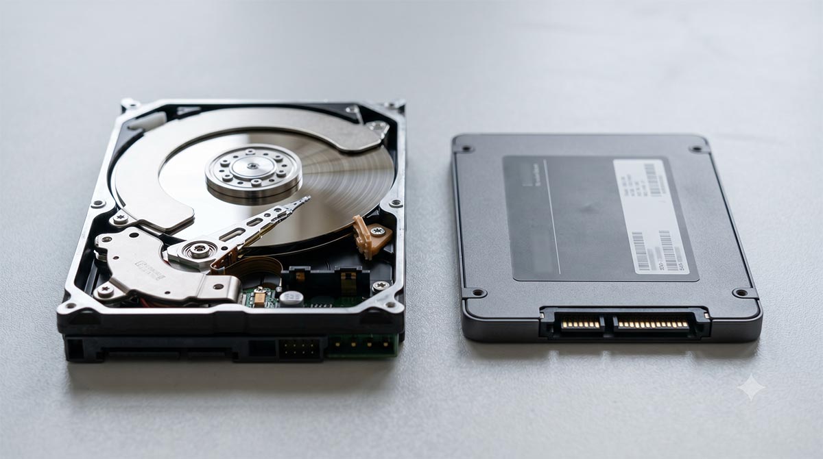 Un disque dur mécanique ouvert à côté d'un SSD moderne