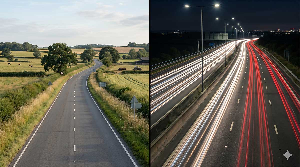 Une route nationale tranquille comparée à une autoroute rapide